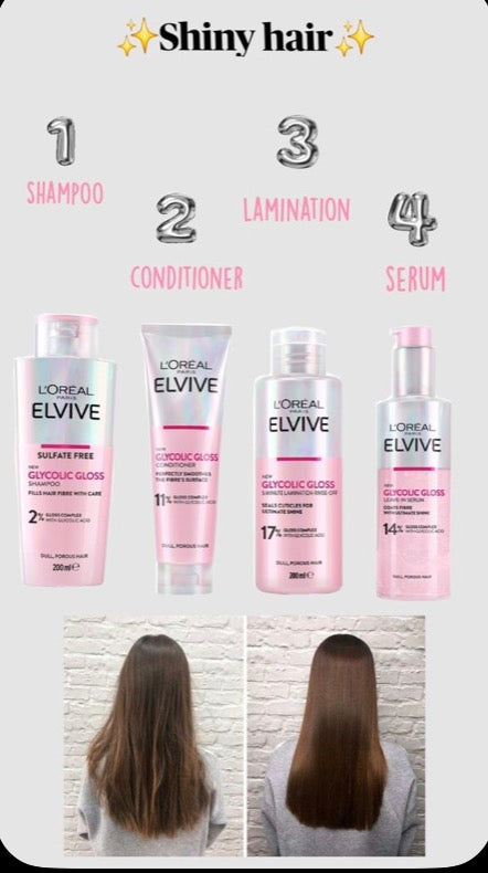 L'Oreal Elvive Glycolic Gloss Full Hair Routine (Shampoo, Conditioner, Serum & Gloss Treatment)