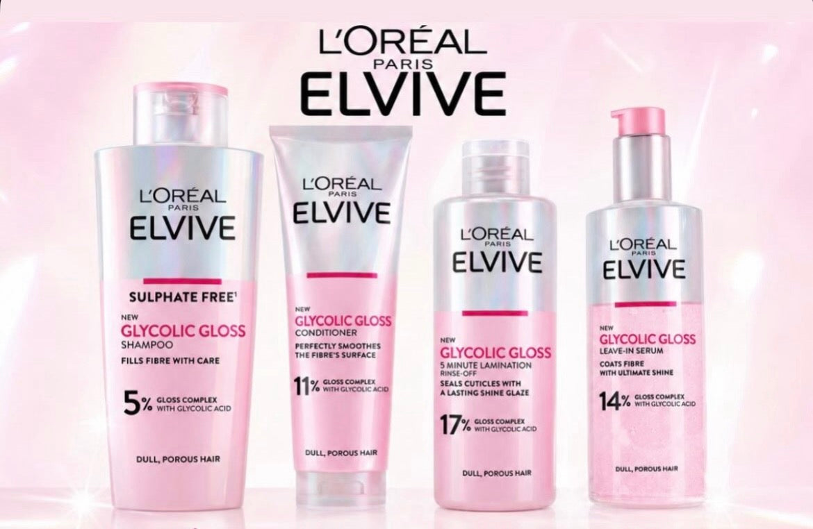 L'Oreal Elvive Glycolic Gloss Full Hair Routine (Shampoo, Conditioner, Serum & Gloss Treatment)