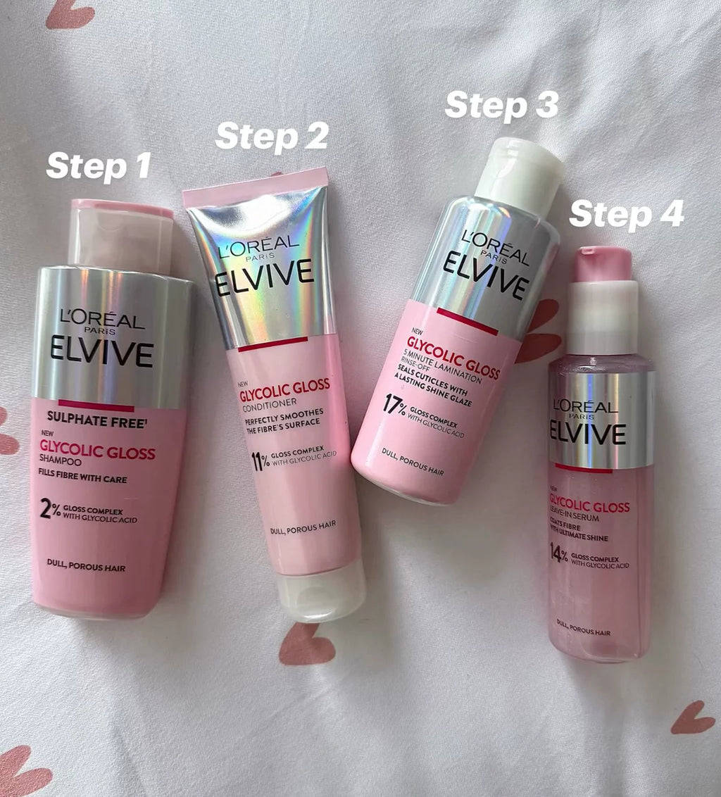 L'Oreal Elvive Glycolic Gloss Full Hair Routine (Shampoo, Conditioner, Serum & Gloss Treatment)